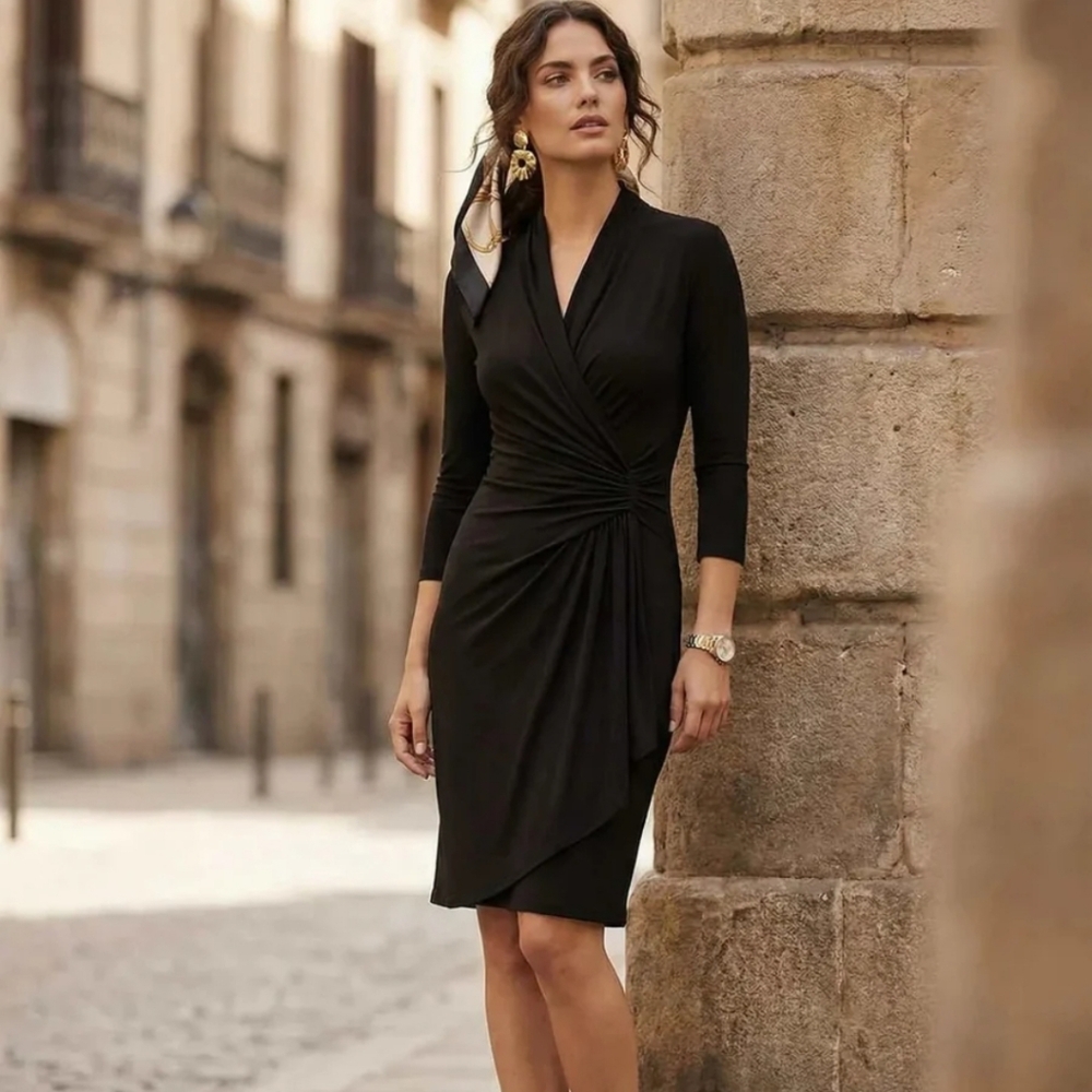 Nwt Karen Kane Black Long Sleeve Soft Flattering Cascade Wrap Dress - Picture 8 of 14